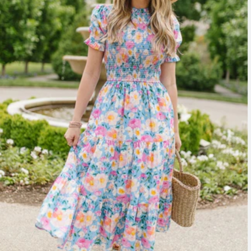 Ivy City Co Multicolor Floral Delia Smocked Dress XS S 100% Cotton